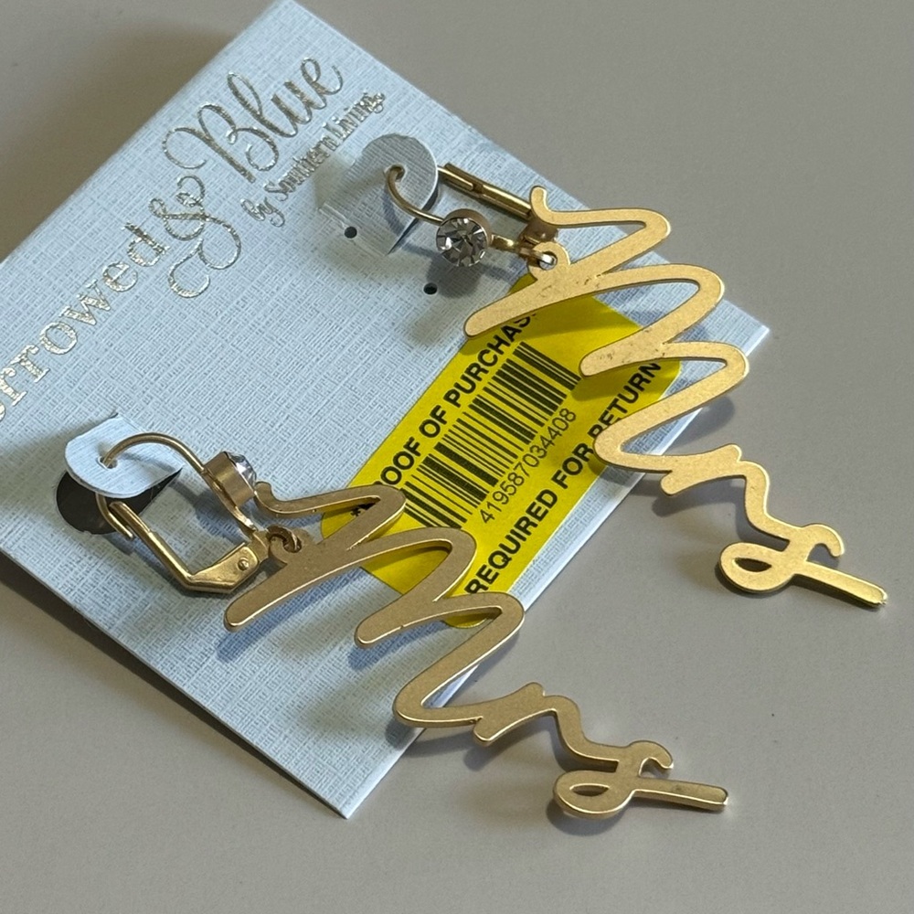 NWT Borrowed & Blue Gold 'Mrs' Earrings.